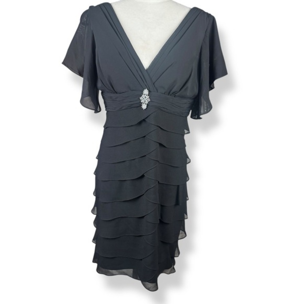Formal Chiffon Cocktail Dress Womens Size 12 Tiered Gala Glam Rhinestone Brooch
